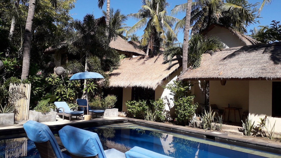 Beautiful resort in coconut palm grove, Gili Trawangan, Lombok